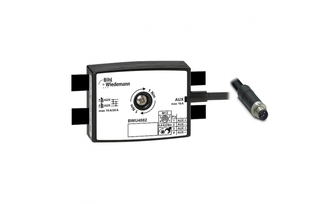 BWU4082 - Passive Distributor AUX, 16A/20A, to 1 x M12 power cable plug, straight, L-coded, 4 poles, depth 25 mm, IP67