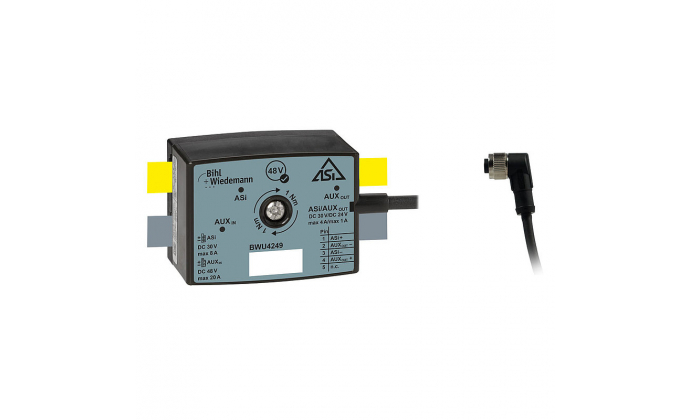 BWU4249 - Voltage converter 48 V/24 V, 1 A, ASi/AUX 48 V profile cables to 1 x M12 cable socket, angled, 5 poles (ASi/AUX 24 V), 35 mm, IP67