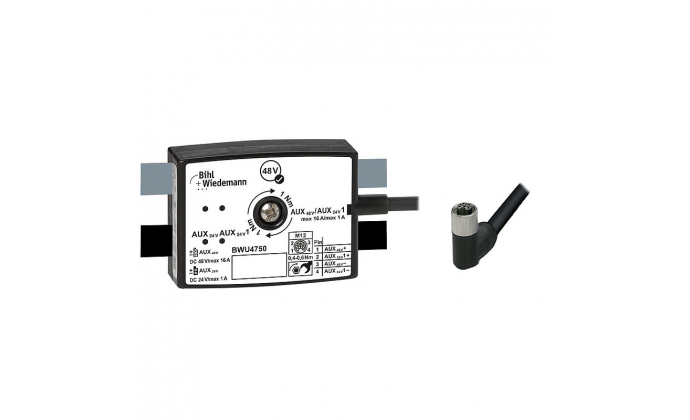 BWU4750 - Passive Distributor AUX to 1 x M12 power cable sockets, angled, L coded, 4 poles, depth 25 mm, IP67