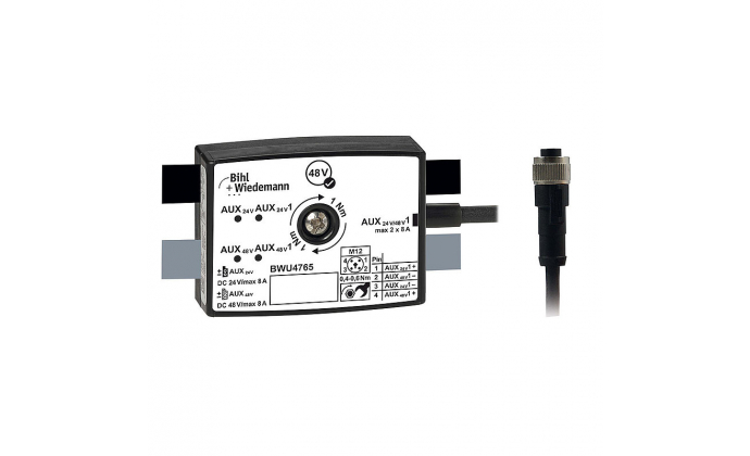 BWU4765 - Passive Distributor AUX to 1 x M12 power cable socket, straight, T coded, 4 poles, depth 25 mm, IP67