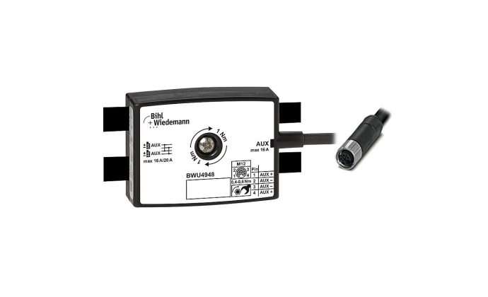 BWU4948 - Passive Distributor AUX, 16A/20A, to 1 x M12 power cable socket, straight, L-coded, 4 poles, depth 25 mm, IP67